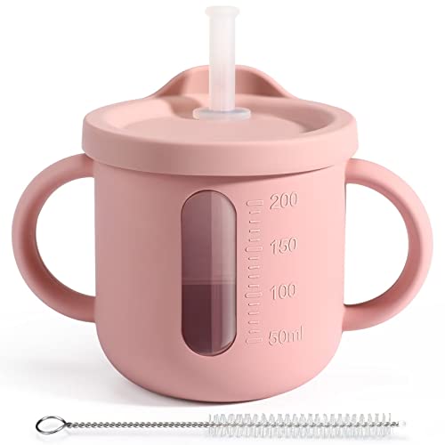 Image of Palmatte Baby Led Weaning Supplies: Baby Toddler Cups with Straw for Infants 6 M+, 200ml Perspective Silicone Training Cup with Lid Handle Marks, Open Sippy Cups 6-12 Months Baby Shower Gifts (Blush)