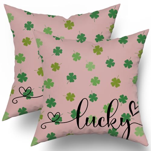 St Patricks Pillow Covers 16x16 Set of 2 St. Patrick's Day Green Colorful Lucky Clover Throw Pillows Spring Themed Shamrock Decorative Pillowcase Rustic Cotton Cushion Cover for Couch Sofa Bed