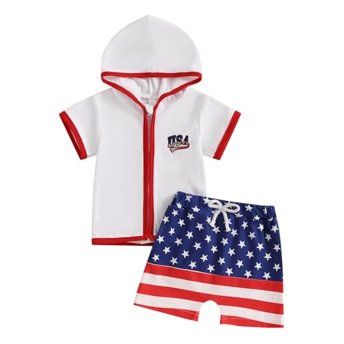 Dewadbow Kids Boy Girl 4th of July Swim Cover Up USA Zipper Hooded Tops American Flag Swim Trunk Beach Bathing Suit (Blue, 12-18 Months)
