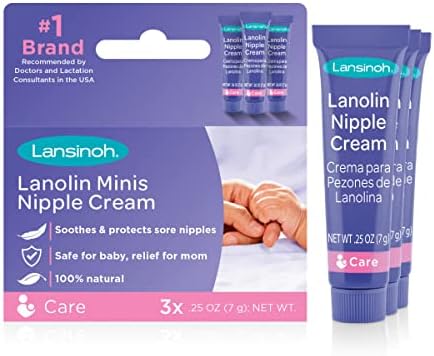 Lansinoh Lanolin Nipple Cream, Safe for Baby and Mom, Breastfeeding Essentials, 3 Mini Tubes, Each 0.25 Ounces