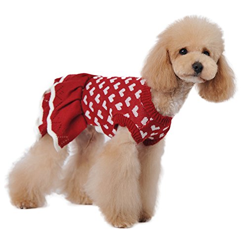 Marupet Fashion Sweety Puppy Dog Ribbed Knit Sweater Knitwear Round Neck Hearts Printed Classical Twist Doggie Tutu Dress One-Piece For Small To Medium Dog And Cat Red M #TOP2