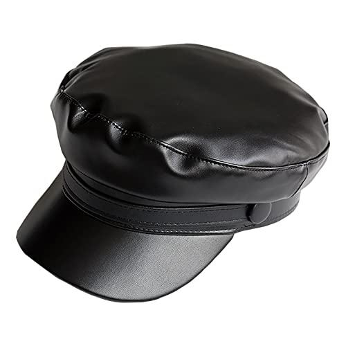 Korixine Women Newsboy Cap Retro Navy Hats Leather Beret Hat Female Trendy All-Match Fiddler Caps #389517 Black #TOP23