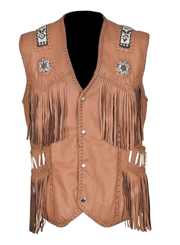 Image of Men's Western Cowhide Suede & Leather Vest - Beaded Fringe Yoke & Back Native-Inspired Cowboy Biker Vest