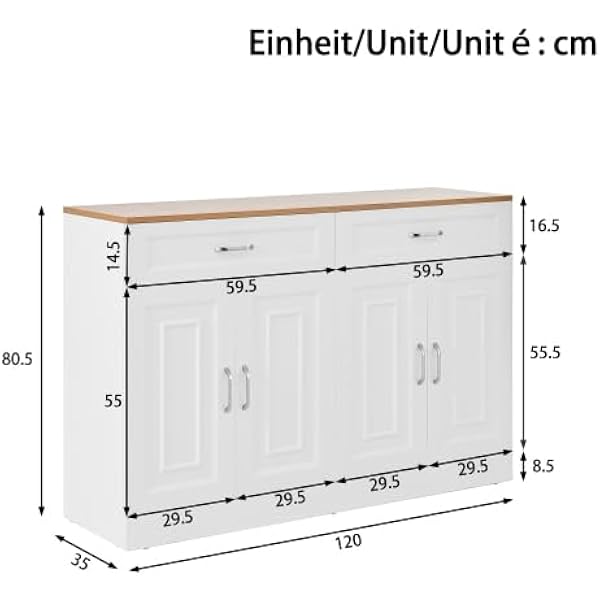 vutizal Белый сервант, 120 x 35 x 81 см, с плавным закрыванием, регулируемыми полками и компактной конструкцией — шкаф для хранения с дверцами и ящиками