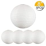 5 Packs White Hanging Paper Round Lanterns Chinese Ball Lanterns 12 inch Decorative for Birthday Bridal Wedding Baby Shower Parties Assorted Sizes (White, 12'')