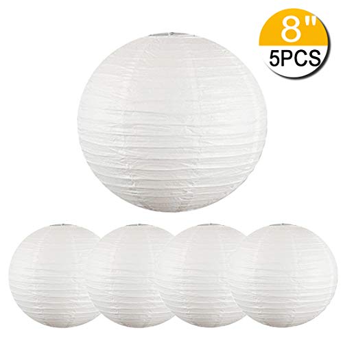 5 Packs White Hanging Paper Round Lanterns Chinese Ball Lanterns 12 inch Decorative for Birthday Bridal Wedding Baby Shower Parties Assorted Sizes (White, 12'')