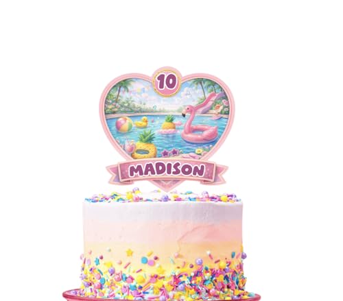 Personalized Summer Pool Party Birthday Cake Topper, Customized Name &