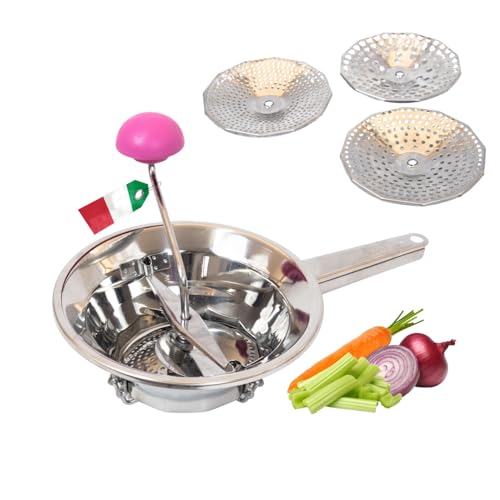 MOHOME Passaverdure Manuale Acciaio Inox 18/10 Made in Italy Passapomodoro Schiaccia Verdure 3 Filtri Interscambiabili da 24 cm Passatutto Piedini Pieghevoli Verdure Frutta Salse
