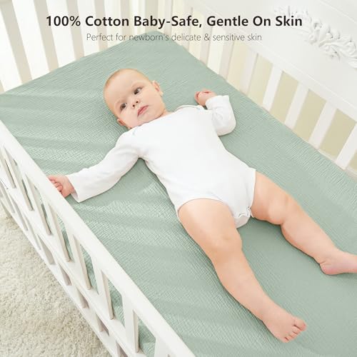 Image of Bearmoss Muslin Mini Crib Sheets for Pack N Play Mattress - 100% Cotton - 38 inchx26 inch Soft Breathable Playard Baby Crib Sheets Neutral for Boys Girls - 2 Pack (Bamboo)