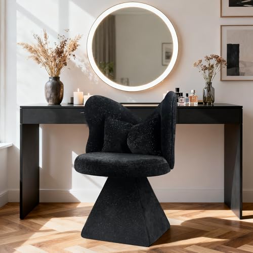 KEIKI 360° Swivel Accent Sofa Chair, Armless Chenille Vanity Chair, Upholstered Single Sofa Chair for Living Room, Bedroom, or Vanity, Black