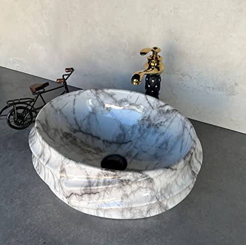 Image of Designer Glossy Finish Ceramic Art Table Top Wash Basin For Bathroom | Collapsible Countertop Washbasin (Black White Glossy Art, 16 x 13 x 6 Inch)