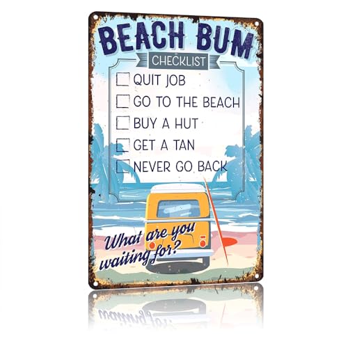 HSFHXY Camping Decor 8x12 Inch-Beach Bum Checklist，Aluminum Sign Durable Rich Colors And For Easy Installation，Suitable For Yard Outdoor Wall Sign Supplies.