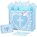 JWSCYSY 12.6" Large Blue Gift Bag with Metallic Silver Star Cross Design, Card and Tissue Paper for Baby Boy Baptisms, Christenings, First Communions Religious