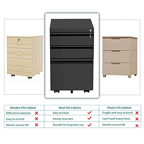 Yitahome 3-Drawer Mobile File Cabinet With Lock, Office Storage Filing Cabinet For Legal/Letter Size, Pre-Assembled Metal File Cabinet Except Wheels Under Desk -Black #TOP6