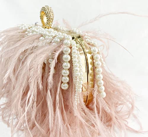 Women's Ostrich Feather Evening Handbags And Clutches Vintage Tassel Pearl Chain Crystal Tote Bags Wedding Party Pink #TOP4