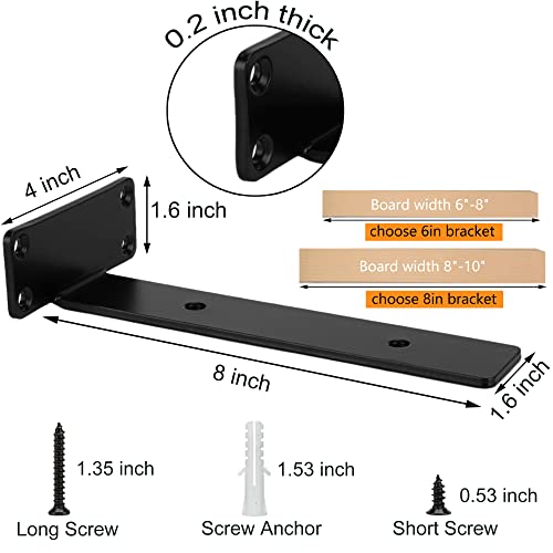 Fuqilala Heavy Duty Floating Shelf Brackets, 2 Pcs Of 8 Inch Industrial Shelf Bracket, 1/5 Inch Thick Black Metal Hidden Invisible L Shelves Brackets For Kitchen, Bathroom, Warehouse, Fireplace #TOP1