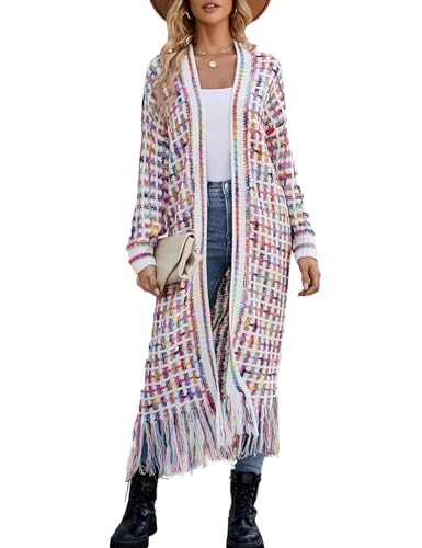 Image of Womens Boho Cardigan Sweater Maxi Long Colorful Fringed Tassels Knitted Cardigan Jacket Outwear