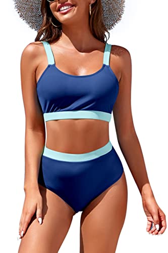 Image of Womens High Waisted Bikini Sets Sporty Crop Top Color Block Swimwear Bandeau Scoop Neck Vintage Two Piece Bathing Suits
