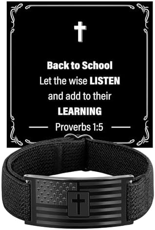 Bracelets for Men Boys - Patriotic American Flag Cross Bracelet - Adjustable Black Elastic Stretch Strap Bible Verse Bracelets - Back to School, Birthday Gifts for Men