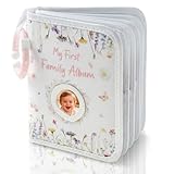 Album photo pour bébé en tissu 18 x 14 cm | 17 photos de 10 x 15 cm | Miroir de sécurité | Page de titre personnalisée | Album bébé Fleurs blanches Cadeau nouveau-né