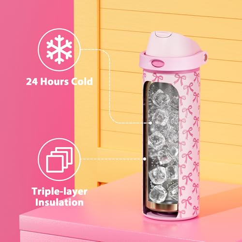 Image of 24 oz Insulated Water Bottle for Women: Meoky Stainless Steel Metal Water Bottle with 2-in-1 Straw and Spout Lid - Leak Proof, Cold for 24 Hours, Protective Silicone Base, BPA-Free for School, Bow