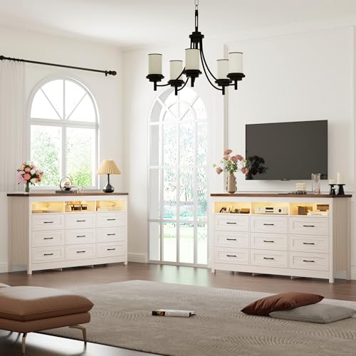 Hlivelood Farmhouse 9 Drawer Dresser with LED Lights, 63" Wide Large Chest of Drawers for Bedroom, Modern Wood Dresser Storage Organizer with Charging Station for Living Room, Bedroom, Hallway, Beige