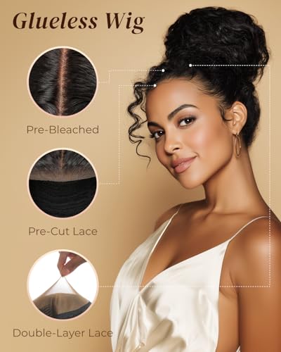 Image of Arabella Upgraded Half Wig Glueless Invisible Lace Hairline 3 in 1 Deep Curly Human Hair Wear & Go Wig 3D Cap HD Lace Seamless Blend Adjustable Drawstring Cap Beginner Friendly 20 Inch Natural Black