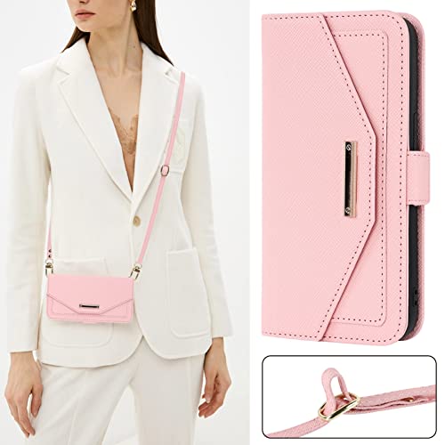 Jaorty Crossbody Wallet for iPhone 14 Plus Case with Adjustable Lanyard Strap Credit Card Holder 6.7",PU Leather Handbag Purse Kickstand Make Up Mirror Cover Case for Men Women Girl,Pink by Jaorty - Image 4