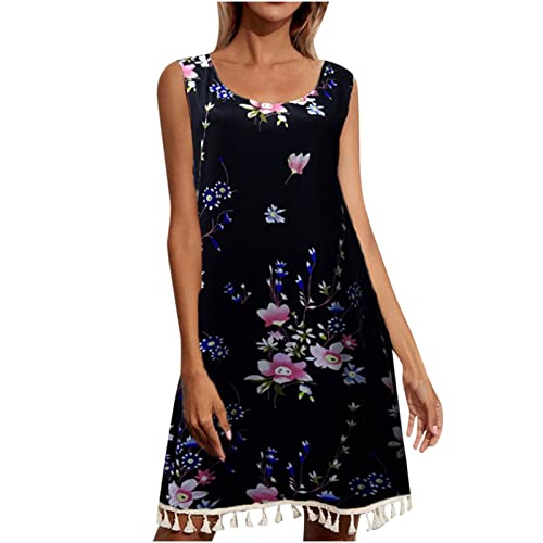 Hatoys Scoop Neck Floral Tassel Dress Sleeveless A Line Midi Dress for Women Summer Spring Dress Flowy Short Dress Bohemian Stylish Womens Daily Wear Casual Dress Loose Dress