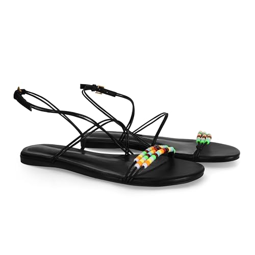 Beaded Flat Sandals for Women Open Toe Strappy Ankle Buckle Slingback Flats Summer Beach Casual Daily Flat Shoes