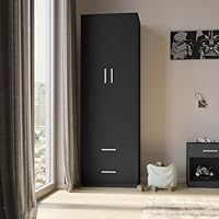 URBNLIVING Orlando Wooden 2 Door With 2 Drawers Kids Wardrobe Bedroom Storage With Hanging Bar (Black), One Size, (ORL72)