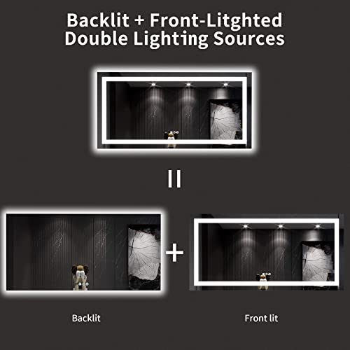 LOAAO 60X30 LED Bathroom Mirror with Lights, Anti-Fog, Dimmable, Backlit + Front Lit, Lighted Bathroom Vanity Mirror for Wall, Memory Function, Tempered Glass, ETL Listed