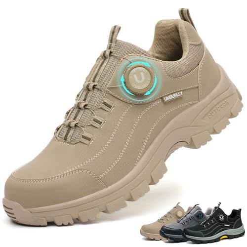 NACKINg Sicherheitsschuhe Arbeitsschuhe Herren Damen Wasserdicht Leicht Stahlkappenschuhe rutschfeste Arbeitsturnschuhe Stahlkappe Schutzschuhe mit Drehverschluss, Braun, EU 43