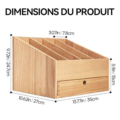 Porte-dossiers en bois véritable KIRIGEN range-documents robuste avec tiroir de rangement