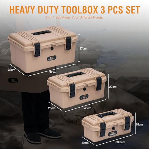 KATSU Tools Heavy Duty Plastic Toolbox 3PCs Set 15.6"+17.7"+19.7" Portable Waterproof Utility Tool Box Chest Storage Case Organizer with Removable Tray for Home Garage Tools - Image 4
