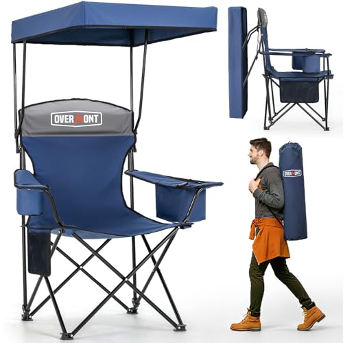 Overmont Camping Chair with Canopy Shade & Cooler Bag - Oversized Folding Beach Chair with High Back Support Big Cup Holder - Portable Lawn Chair for Outdoor Travel Sports Fishing - Support 330lbs
