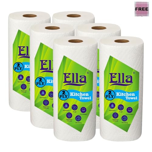 Image of Ella 2 Ply Kitchen Tissue /Towel Paper Roll Soft and Highly Absorbent - 6 Rolls (60 Pulls Per Roll 360 Sheets)