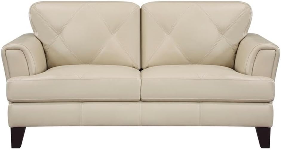 Pemberly Row 2-Piece Sofa Set, Top Grain Leather, Cream Finish, Geometric Tufting, Flared Track Arms, Espresso Wood Feet, Modern European Design, Plush Living Room Seating, Includes Sofa and Loveseat