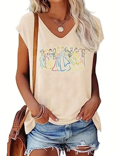 VKEGNIO Magical Tank Tops for Women Cute Graphic Printed V-Neck Tee Casual Summer Family Vacation Sleeveless Shirt Tops（X-Large,Apricot1