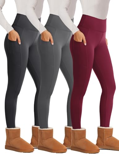 Showitty 3 Pack Fleece Lined Leggings Women with Pockets - Winter Warm Thermal Yoga Pants for Running Workout Plus Size
