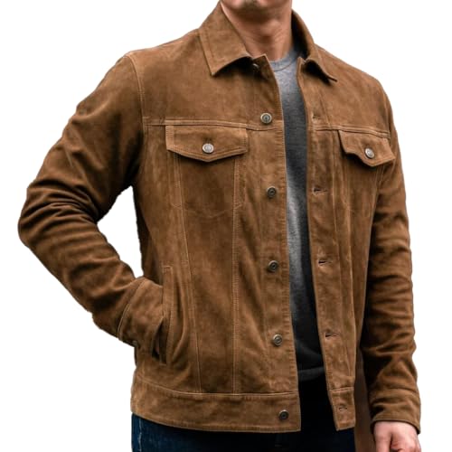 Isaac & David Chicago Men's Vintage Trucker Suede Leather Jacket - Denim Biker Cafe Racer Causal Western Cowboy Jacket