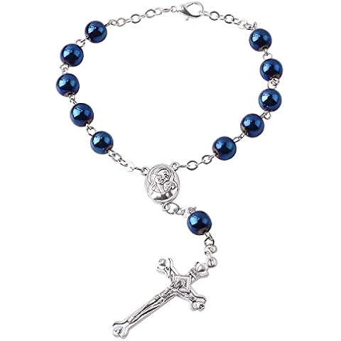 Luomu Hematite Beads Auto Rosary, Car Rosary One Decade Catholic Rosary with Clasp, with Terra Jerusalem Medal Centerpiece and Crucifix Medal Hang on Mirror Rearview (Blue) Cover