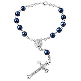 Luomu Hematite Beads Auto Rosary, Car Rosary One Decade Catholic Rosary with Clasp, with Terra Jerusalem Medal Centerpiece and Crucifix Medal Hang on Mirror Rearview (Blue)