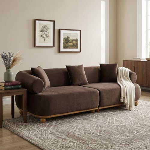 Merax 89 Inch Velvet Sofa, Mid Century Modern Deep Seat Couch | 3 Seater Velvet Couch, Rolled Arm Sofa, Curved Solid Wood Base, Low Profile Living Room Seating, Brown