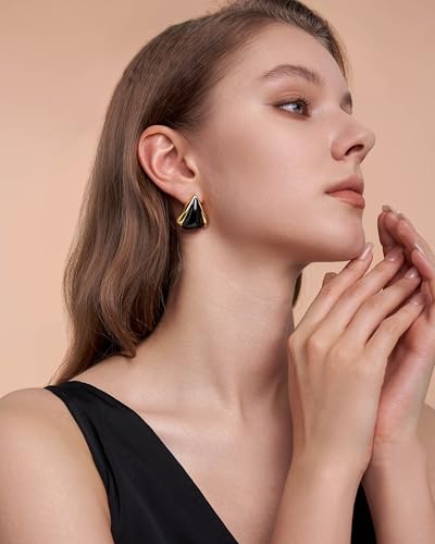 18K gold plated Black Chunky Enamel Textured Ribbed Vintage Triangle Stud Irregular Statement Earrings for Women by SNGIA, Bold Geometric Handmade Charm Trendy Bohemian Beachy Button Jewelry Gifts, Unique Baroque Summer Beach Fashion Earrings Accessories, Nickle Free Huggies Earrings.2