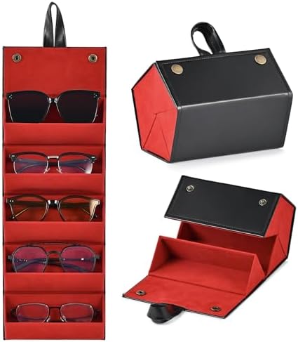 CO-Z 5-Slot Sunglasses Organizer, Folding Glasses Jewelry Storage Case with Mirror, Travel Sunglasses Case for Women & Men