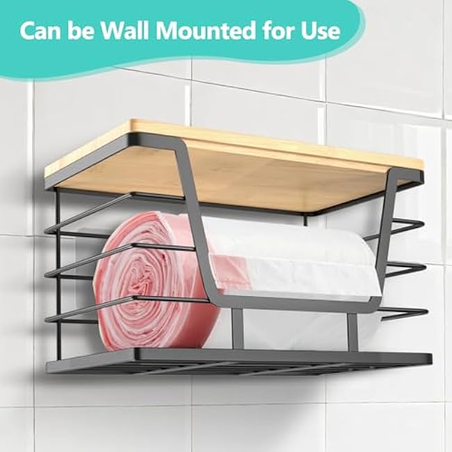 Sinnsally Trash Bag Storage Organizer Box,Trash Bag Dispenser Roll Holder Under Sink Garbage Dispenser,Stackable Wall Mount Kitchen Pantry Organizer with Bamboo Top for Laundry Organization(Large Set)