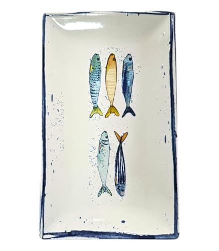 Ekilikua Home Ceramic Plate with Fish Design | Rectangular Porcelain Plate | Blue Border | Decorative for Table | Porcelain Tableware Design