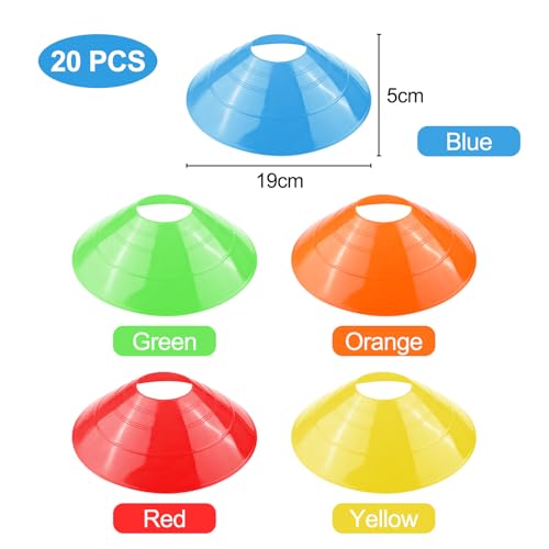 Fousenuk 20 Stück Fussball Hütchen Set, Runde Markierungshütchen Mit Ständer, Sport Hütchen, Markierungsscheiben, Fußball Hütchen für Hockey, Eislaufen, Handball, Koordinationstraining (5 Farben)
