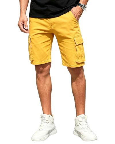 ABSECAI Mens Skinny Casual Stretch Denim Summer Cargo Shorts with Pockets Yellow Cargo 34